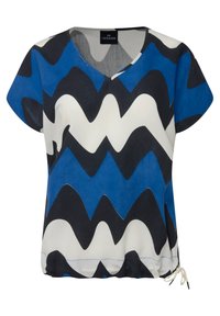 Top a maniche corte in tessuto leggero con un motivo ondulato in blu, nero e bianco. Collo a V rovesciato e orlo regolabile con cordoncino.