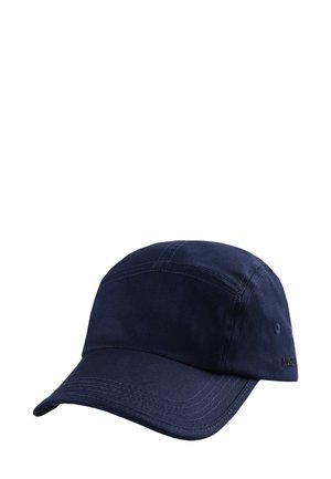 Granatowa czapka wykonana z tkaniny bawełnianej. Posiada wygięty daszek oraz sześciopanelowy design. Zawiera detale wyszycia i małe logo z boku.