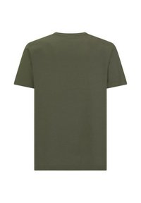 Maglietta in cotone verde oliva, maniche corte, scollo tondo, design semplice, tessuto di peso medio, vista posteriore con orlo dritto e senza grafiche.