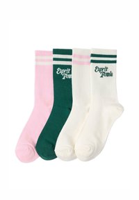 Neljän puuvillasta valmistetun joukko-sukkien pakkaus, jossa on ribbikuvio. Värit ovat vaaleanpunainen, vihreä, valkoinen ja korostettu kontrastiraidoilla ja logolla.