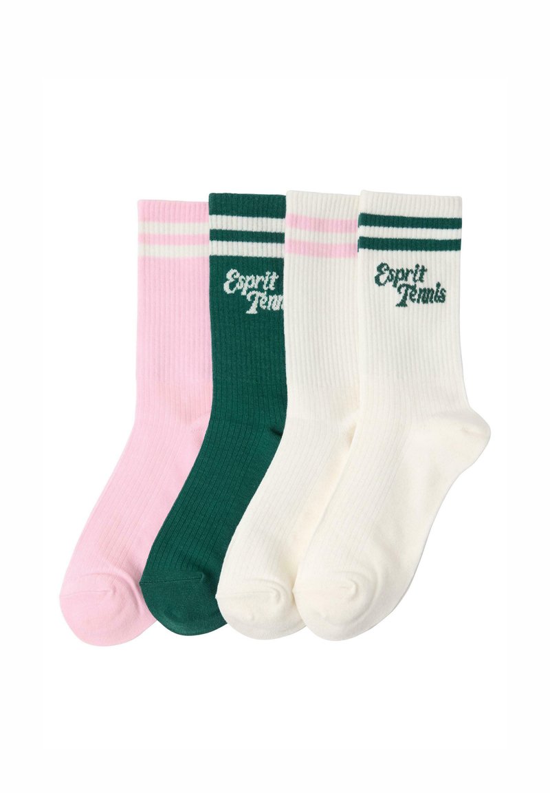 Neljän puuvillasta valmistetun joukko-sukkien pakkaus, jossa on ribbikuvio. Värit ovat vaaleanpunainen, vihreä, valkoinen ja korostettu kontrastiraidoilla ja logolla.