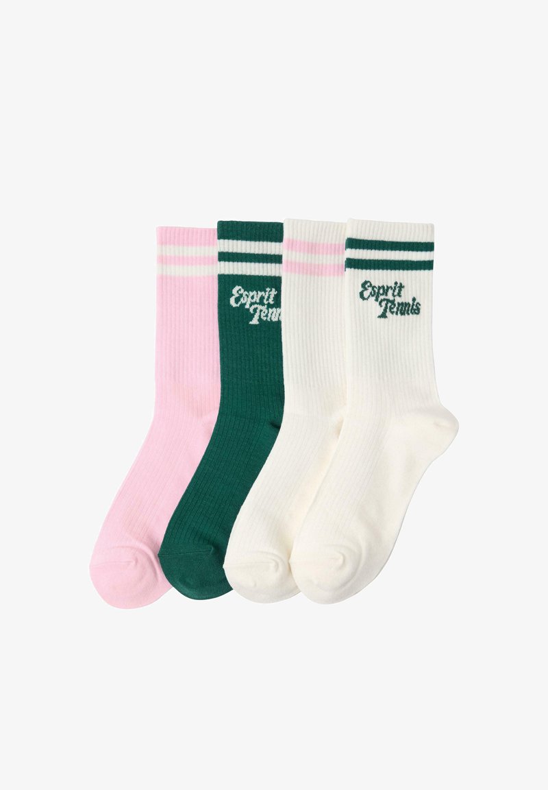 Neljän puuvillasta valmistetun joukko-sukkien pakkaus, jossa on ribbikuvio. Värit ovat vaaleanpunainen, vihreä, valkoinen ja korostettu kontrastiraidoilla ja logolla.