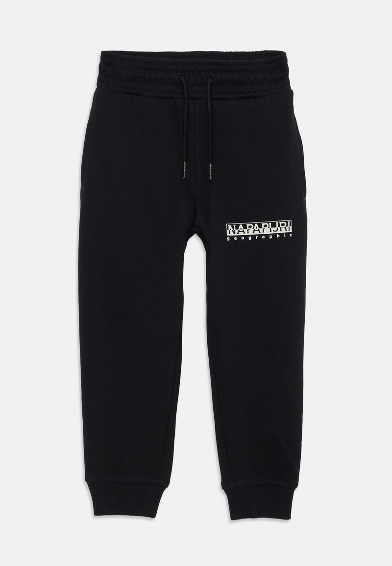 Schwarze Baumwoll-Jogginghosen mit elastischem Bund, Kordelzug und gerippten Bündchen. Mit weißem Logotext am linken Oberschenkel.