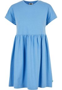 Robe en coton bleu clair avec un col rond, des manches courtes, un corsage ajusté et une jupe évasée. Comprend une étiquette d'ourlet pour la marque.