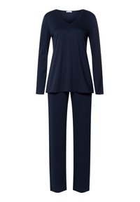 Ensemble de vêtements de détente bleu marine comprenant un haut à manches longues en V avec une coupe décontractée et un pantalon droit assorti. Fabriqué en tissu doux et extensible.