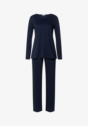 Completo loungewear in navy composto da una maglia a maniche lunghe con scollatura a V e vestibilità comoda, abbinata a pantaloni dritti. Realizzato in un tessuto morbido e elastico.