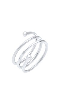 Sølvfarvet spiralring med tre forlængede løkker, glat overflade og afrundede ender, der skaber et moderne, minimalistisk design.