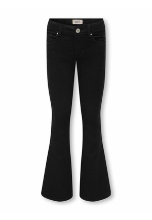 Jean noir taille haute évasé avec bouton à l'avant, passants de ceinture et deux poches avant, posé à plat sur un fond blanc.