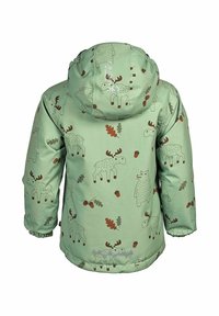 Grön huva jacka med ett lekfullt mönster av älgar, björnar, ekollon och löv. Slätt, vattentätt material med elastiska ärmavslut.