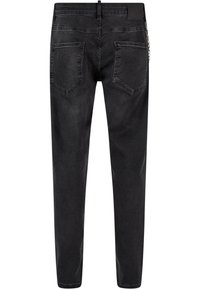 Musta farkut slim fit -mallissa, joissa on viisi taskua, takakappaleen ompelu ja ketjumainen yksityiskohta vyötäröllä.