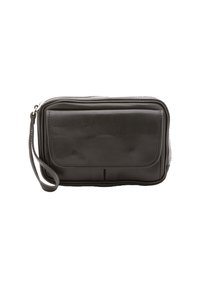 Pochette en cuir noir avec fermeture éclair, bandoulière et poche avant. Elle se distingue par sa surface lisse et son design rectangulaire simple.