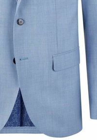 Helle blaue Sakkjacke aus strukturierter Stoffqualität. Verfügt über zwei Knöpfe, eine Tasche und ein gemustertes blaues Innenfutter, das am Saum sichtbar ist.