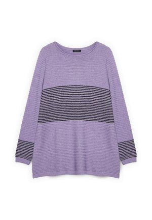 Maglione di lana color lavanda con maniche lunghe, caratterizzato da un motivo a strisce nere orizzontali al centro e tessuto strutturato.