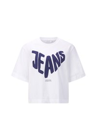 T-shirt blanc court en coton. Présente un grand texte bleu marine indiquant "JEANS." Comprend un texte plus petit en dessous. Manches courtes et coupe décontractée.