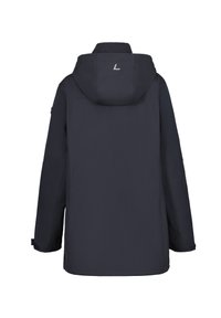 Dunkelblaue wasserdichte Jacke in Hüftlänge mit Kapuze, seitlichen Taschen und elastischen Bündchen. Mit einem reflektierenden Logo auf dem Rücken.