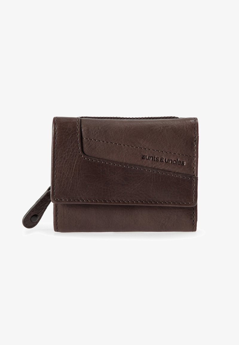 Brown leather wallet with a textured finish, fold-over design, and a zippered compartment. Features subtle stitching and logo detail.
