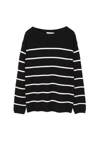 Tricou negru cu mânecă lungă și dungi orizontale albe. Prezintă un gât larg și o textură moale. Design simplu, fără embellishments suplimentare.