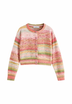 Cardigan scurt cu dungi, în nuanțe de roz, verde și galben. Realizat dintr-un material texturat, are decolteu rotund și închidere cu nasturi pe față.