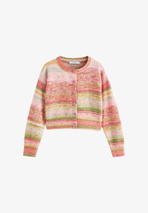 Krótki, pasiasty kardigan w mieszance różowych, zielonych i żółtych kolorów. Wykonany z teksturowanej tkaniny, z okrągłym dekoltem i zapinany na guziki z przodu.