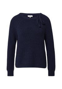 Navyblauwe gebreide trui met een ronde halslijn, lange mouwen, ribbelstructuur en een strikdetail op de linker schouder.