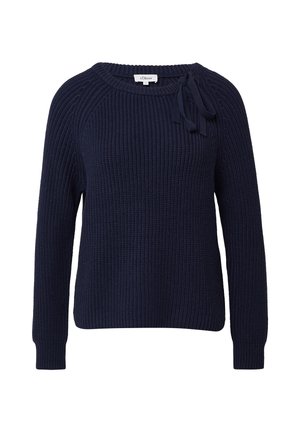 Dunkelblauer Strickpullover mit rundem Ausschnitt, langen Ärmeln, gerippter Textur und einer Bindung auf der linken Schulter.