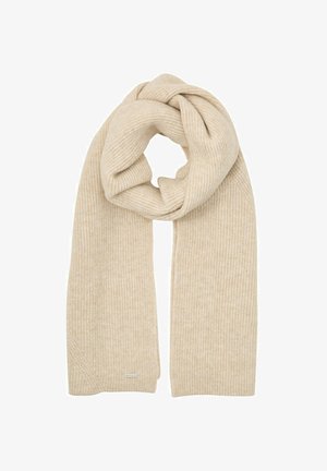 Beige gestrickter Schal mit gerippter Struktur, elongateder Form und geschlungenem Design sowie dezentem Branding an einem Ende.