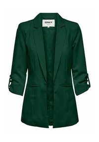 Mörkgrön kavaj med skräddarsydd design, enkelknäppning framtill, två sidofickor och uppvikt ärm med dekorativa metallaccenter.