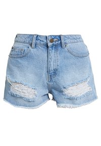 Light blue denim shorts with frayed hems, featuring two distressed patches on the front and a classic button closure at the waist.