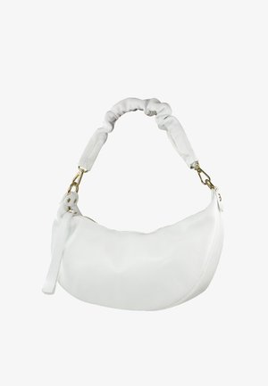 White leather shoulder bag with a curved shape, textured surface, and gathered handle; features gold hardware and a zip closure detail.