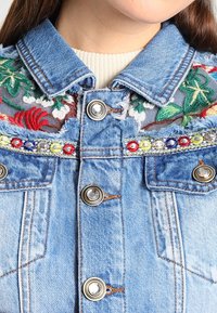 Farkkutakki repaleisilla reunoilla, kukkakirjonnalla, värikkäällä helmihäiveellä ja metallipainikkeilla, päivänvalossa vaalean kermanvärisen ribbitun villatakin päällä.