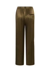 Pantalon large en satin vert olive avec taille élastique et une seule poche passepoilée à l'avant côté droit.