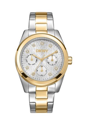 Montre DKNY bicolore or et argent avec des index en cristal, trois sous-cadrans pour le jour, la date et l'heure 24 heures sur un cadran argenté à motif.