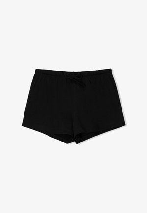 Black cotton shorts with a soft texture, elastic waistband, and adjustable drawstring. Features a simple, functional design with no patterns.