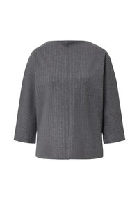 Grau gestreifte kastige Jacke mit Dreiviertelärmeln und weit runder Halslinie, von hinten auf einem weißen Hintergrund gezeigt.