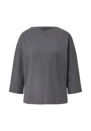Grijze gestreepte boxy jacket met driekwartmouwen en een brede, ronde halslijn, van achteren weergegeven op een witte achtergrond.