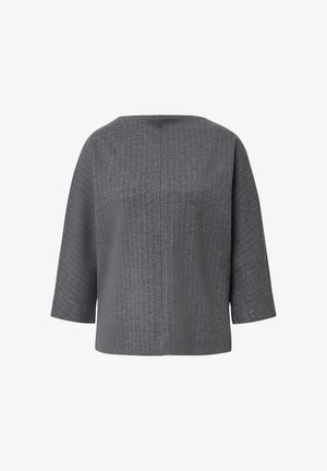 Pilkas dryžuotas laisvas švarkas su trijų ketvirčių rankovėmis ir plačiu apvaliu iškirpimu, parodytas iš nugaros ant baltos fono.