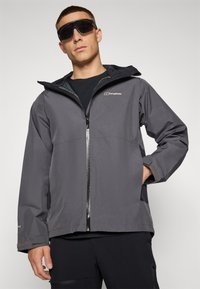 Gray waterproof jacket with a hood, zippered front, and adjustable cuffs. Features the Berghaus logo on the chest and reflective accents.