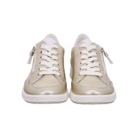 Beige Ledersneaker mit weißen Schnürsenkeln, seitlichen Reißverschlüssen und weißen, gepolsterten Sohlen, von vorne auf weißem Hintergrund abgebildet.