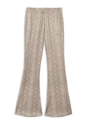 Beige ausgestellte Hose mit einem dezenten Schlangenmuster und einem kleinen Puma-Logo am oberen Oberschenkel, dargestellt auf weißem Hintergrund.