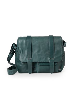 Green leather messenger bag with a flap closure, two front straps, and a detachable shoulder strap. Features rounded edges and visible stitching.
