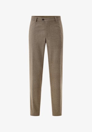 Tan patterned trousers with a tailored fit, featuring front pockets, a button closure, and a smooth texture. Designed for formal wear.