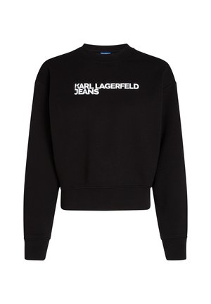Black sweatshirt made of cotton blend, featuring a cropped design, crew neck, and "KARL LAGERFELD JEANS" text in white across the chest.