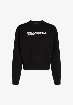 Sudadera negra de mezcla de algodón, con un diseño corto, cuello redondo y el texto "KARL LAGERFELD JEANS" en blanco en el pecho.