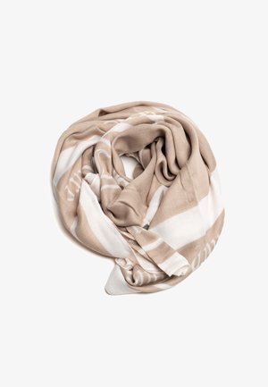 Sciarpa beige e bianca, realizzata in tessuto leggero, presenta un motivo a quadretti con una consistenza morbida e si drappeggia in una forma circolare e attorcigliata.