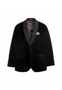 Zwarte fluwelen blazer met satijnen revers, twee voorkanten zakken en een decoratieve pochet. Gevoerd met een kleurrijk bloemmotief.