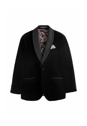 Zwarte fluwelen blazer met satijnen revers, twee voorkanten zakken en een decoratieve pochet. Gevoerd met een kleurrijk bloemmotief.