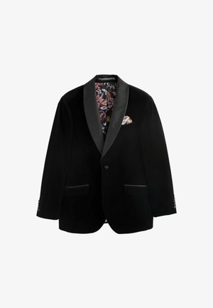 Czarna aksamitna marynarka z satynowymi klapami, dwoma przednimi kieszeniami oraz dekoracyjną poszetką. Podszewka w kolorowy kwiatowy wzór.