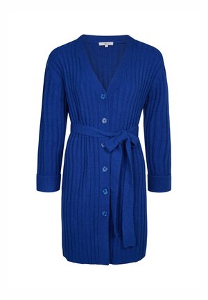 Blauwe geribbelde cardigan met lange mouwen, een V-hals, knopen aan de voorkant en een bijpassende strikceintuur. Gemaakt van zacht, gestructureerd breimateriaal.