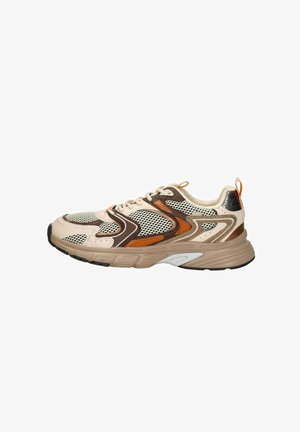 Sneaker featuring a mesh upper with beige, brown, and orange accents, a cushioned midsole, rubber outsole, and a textured design.