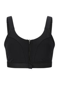 Svart sportbehå med dragkedja fram, breda justerbara remmar, sömlös design och elastisk band för stöd. Slät tygfinish.